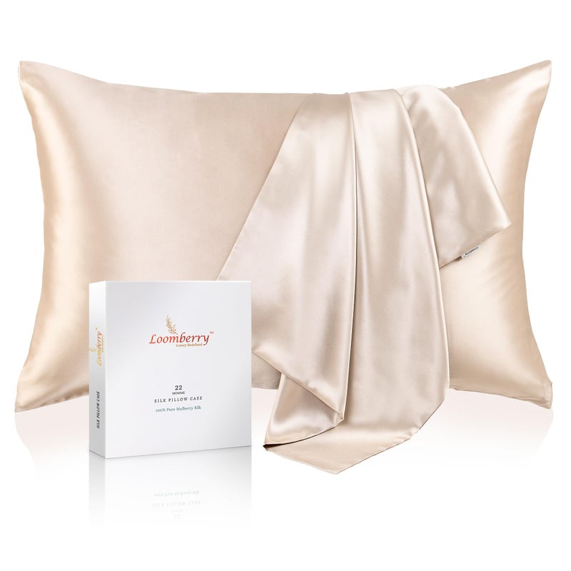 LOOMBERRY 100% Pure Mulberry Silk Pillowcase for Hair and Skin, 6A Grade 22 Momme Silk Pillow Cases with Zipper, Soft Cooling Washable Both Sided Silk Pillow Cover (Beige, Queen 20''x30'') - Image 1